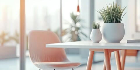 Minimalist home office setup with plants and a chair, providing a quiet space for freelance work.