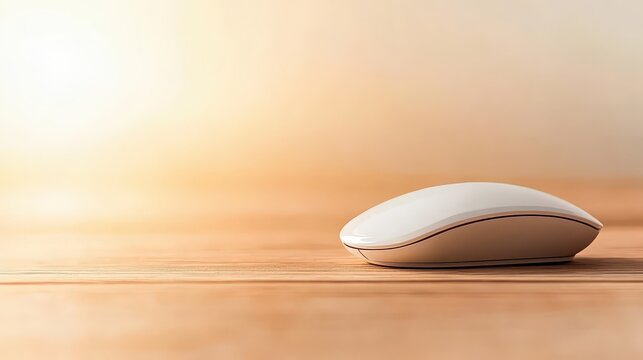White computer mouse rests on wooden desk surface, representing remote work and digital tasks.