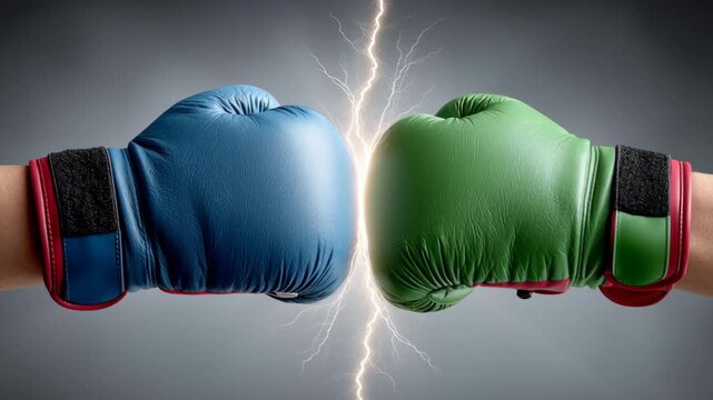 Colorful boxing gloves in blue and green collide dramatically, surrounded by electric energy, showcasing the intensity of competition, camera zooms in on impact