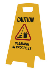 A yellow caution sign reads 'Cleaning In Progress' with a mop and bucket symbol.