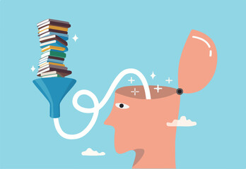 Read book fast to learning new lesson, education or studying, inspiration or easy learning, literature or intelligence information, schooling concept, book stack in funnel easy to flow in human head.