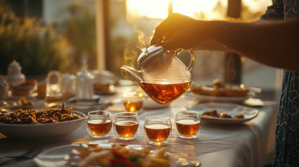 A hand pours tea from a glass teapot into small glasses on a beautifully set table. The scene is illuminated by warm sunset light, creating a cozy atmosphere.