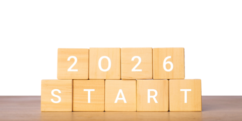 Wooden blocks with 2026 start text for new year beginning concept, isolated on transparent background