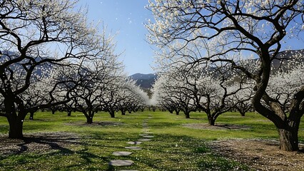 Fototapeta premium Serene Orchard Pathway Lined with Blooming White Cherry Blossom Trees 