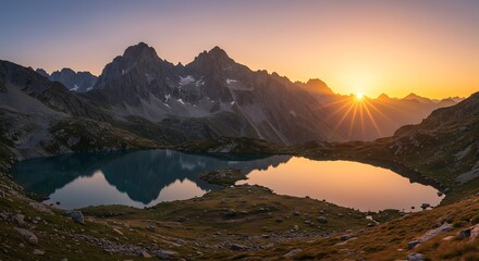 雄大な山々に夕日が沈み湖面を黄金色に染め上げる光景は息をのむ美しさだ 静寂な水面にきらめく太陽の眩い輝きと山々の影が鮮やかに映し出され見る者を魅了する絶景. AI Generated
