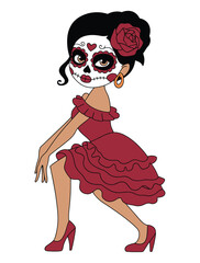 Woman in a traditional dress with Day of the Dead makeup poses.