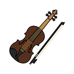 Fototapeta premium Brown Violin With Bow Isolated On Black Background Minimalist Flat Vector Art Clean Sticker Style