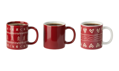 Three festive red ceramic mugs with white scandinavian folk art patterns and handles filled