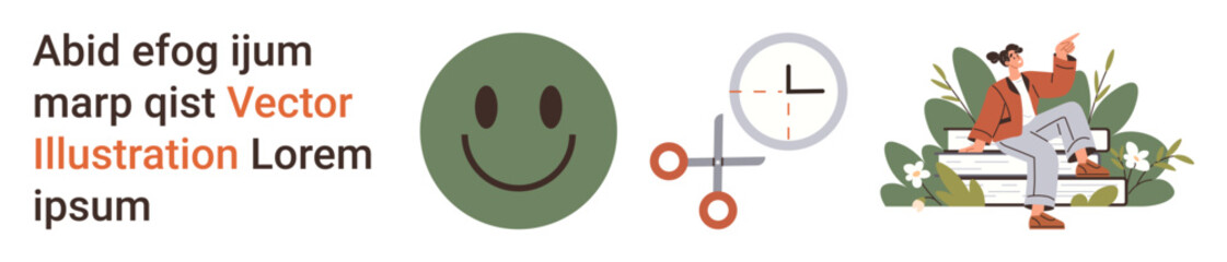 Branding, time management, creativity, positivity, relaxation, vector art. Green happy face, scissors with clock person sitting on a bench surrounded by plants. Positivity and time management