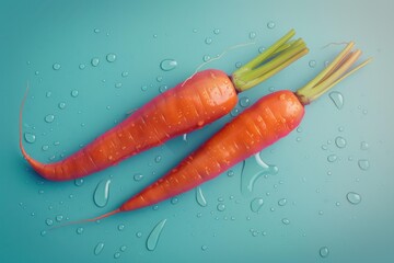 Naklejka premium Two fresh, vibrant carrots with green tops lie on a teal surface adorned with glistening water droplets, creating a colorful and refreshing scene