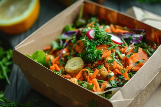 Healthy vegan salad with chickpeas, potatoes, radishes, carrots and parsley in an eco friendly cardboard container, promoting a balanced diet and sustainable food practices