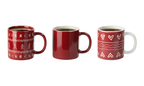 Three festive red ceramic mugs with white scandinavian folk art patterns and handles filled