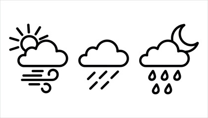 Three weather icons sun with wind rain and moon with rain cloud