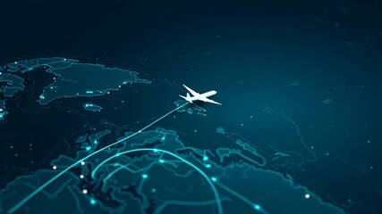 Modern airplane flying across world map with global connections, perfect for travel industry marketing and international business videos - Powered by Adobe
