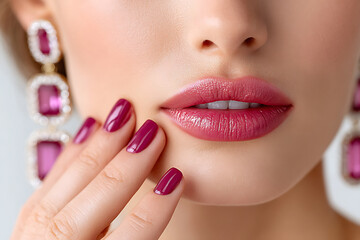 Naklejka premium Close-up of woman's lips, hand, and earrings showcasing vibrant makeup, manicured nails, and luxurious jewelry, emphasizing beauty, glamour, and elegance