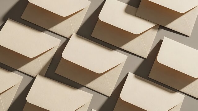 Neutral tone envelopes arranged in a clean pattern with elegant shadows.