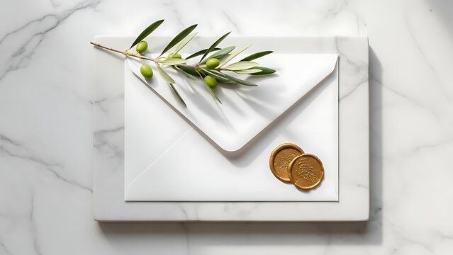 Elegant white envelope with olive branch and golden wax seals on marble background.
