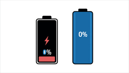 Two battery icons one black with red and blue 0 percent and lightning bolt the other blue with white 0 percent