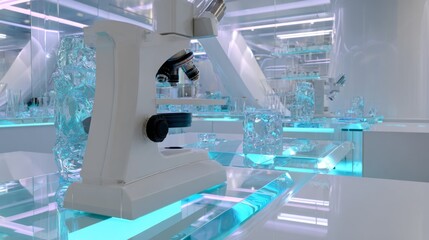 White microscope in a futuristic laboratory setting with glowing cyan elements and glass
