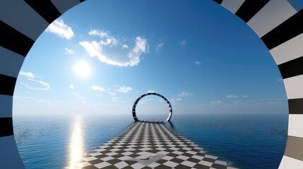 A checkerboard path leads to a circular portal over water under a bright sunny sky. The scene is framed by a black and white striped structure.