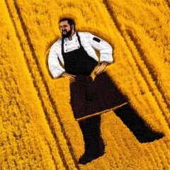 A chef is depicted in a field of wheat, posing with hands on hips. The image is taken outdoors in bright sunlight, creating a vibrant and eye-catching scene.