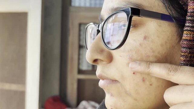 Women's skin 20-30 years old, pigmented dark spots on the face, enlarged pores. Care and cosmetology. Simple close-up video. A young girl's face with pimples dark spots and large pores itching.