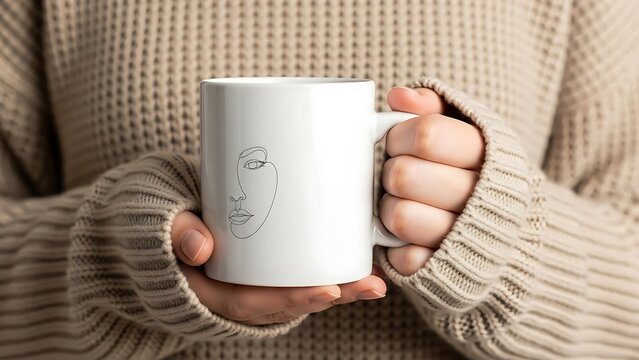 Hands in a cozy knitted sweater holding a white mug with abstract line art face design. - Powered by Adobe