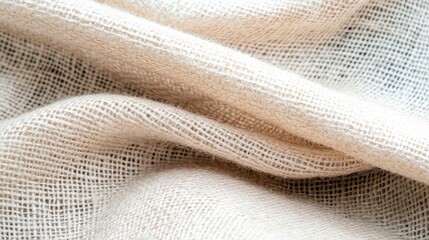 Close-up shot of a beige woven fabric with visible texture and detail, lit with soft lighting.