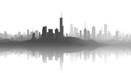 Obraz premium Stylized grayscale cityscape silhouette reflected on a flat surface in fog