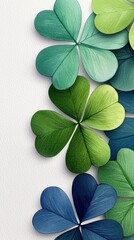 Close-up of a collection of clover leaves in various shades of green and blue against a textured white background. The leaves are arranged in a diagonal pattern