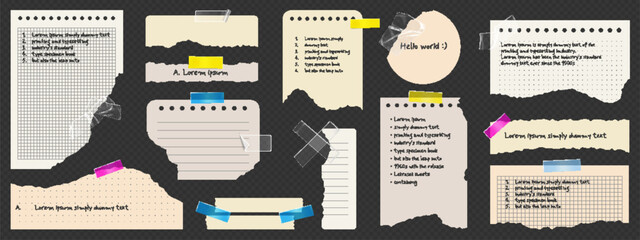 Paper notes set with torn edges and colorful tape - ripped notebook sheets, memo scraps, post it stickers on transparent background. Grid and lined page textures attached by adhesive strips.
