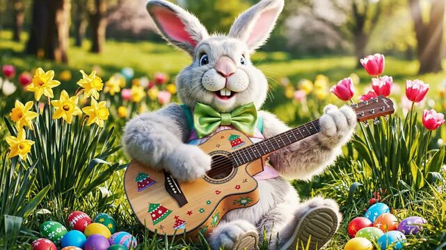 Cartoon easter bunny playing guitar surrounded by colorful flowers and decorated eggs