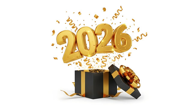 Golden 2026 Balloons Bursting from a Gift Box