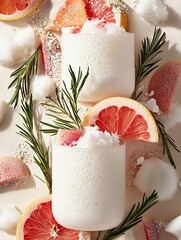 Overhead shot of two cocktails with grapefruit slices, rosemary sprigs and ice. The image has a bright and clean aesthetic.