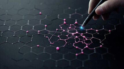 A hand using a stylus to draw a network connection on a dark hexagon grid, with a futuristic and technological feel.