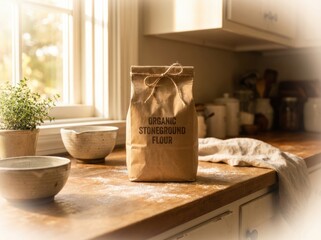 Brown paper bag of organic stoneground flour sits on a rustic wooden kitchen countertop, surrounded by ceramic bowls and a cozy, inviting atmosphere with natural light