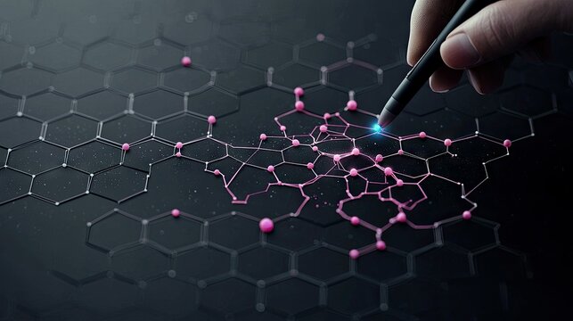 A hand using a stylus to draw a network connection on a dark hexagon grid, with a futuristic and technological feel.