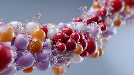 Cluster of colorful glossy spheres interspersed with translucent molecular structures