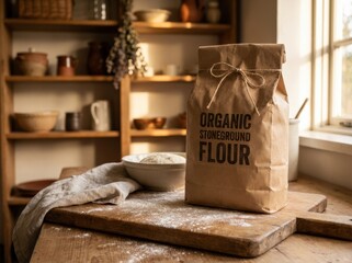 Brown paper bag of organic stoneground flour sits on a rustic wooden table with a bowl of flour and kitchenware in the background, showcasing a cozy baking environment