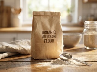 Brown paper bag of organic artisan flour sits on wooden kitchen table with scattered flour, a bowl, and a measuring spoon, showcasing culinary preparation and natural ingredients