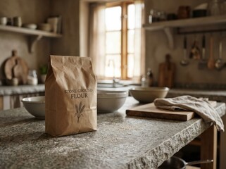 Brown paper bag of stone ground flour sits on a rustic kitchen countertop surrounded by bowls and utensils, creating a warm and inviting culinary atmosphere