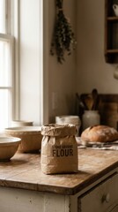 Brown paper bag of stone ground flour sits on rustic wooden kitchen table, surrounded by ceramic bowls and freshly baked bread, creating a warm culinary atmosphere