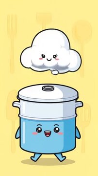 Cute cartoon pot with steam character cooking food happily.