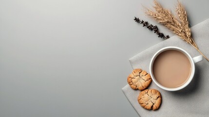 Overhead shot of a coffee cup, cookies, wheat, and a napkin on a gray surface. The image is a top-down view with a neutral, minimalist aesthetic.