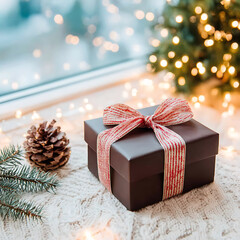 Christmas gift box with festive ribbon and pine cone on knitted background, celebrating winter holidays and presenting thoughtful presents during the season