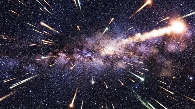 Cosmic display of celestial bodies shooting stars and galaxy in night sky visuals for backgrounds