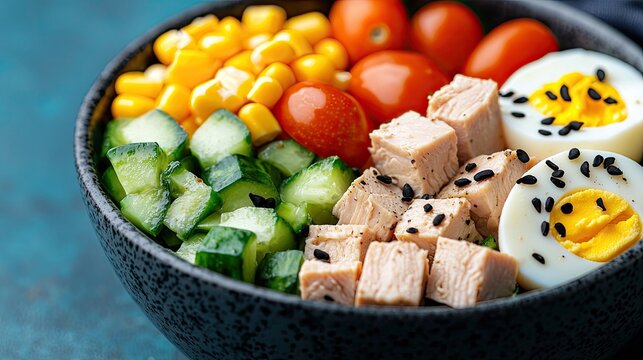 Close-up shot of a healthy salad bowl filled with tuna, eggs, corn, tomatoes, and cucumbers. The ingredients are arranged in a visually appealing way, suggestin