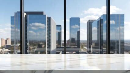 Elegant marble countertop with blurred modern city skyline view from a high-rise window.