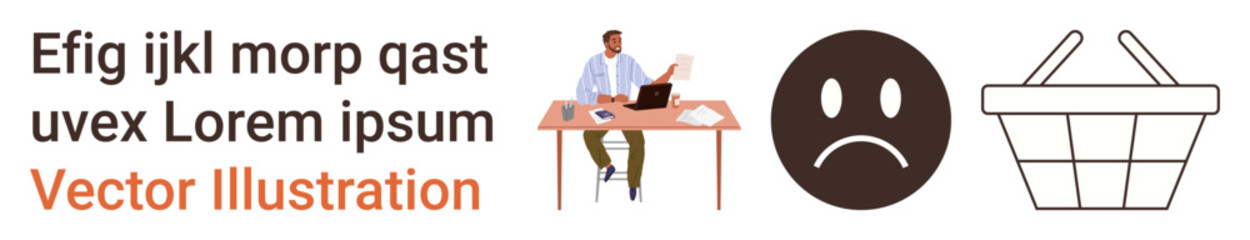 Business, emotions, productivity, online shopping, e-commerce, workload challenges. A man sits at a desk with a laptop and papers, next to sad face and basket icons. Business and emotions