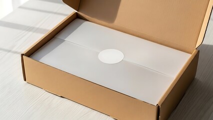 Open cardboard box with white tissue paper and blank sticker
